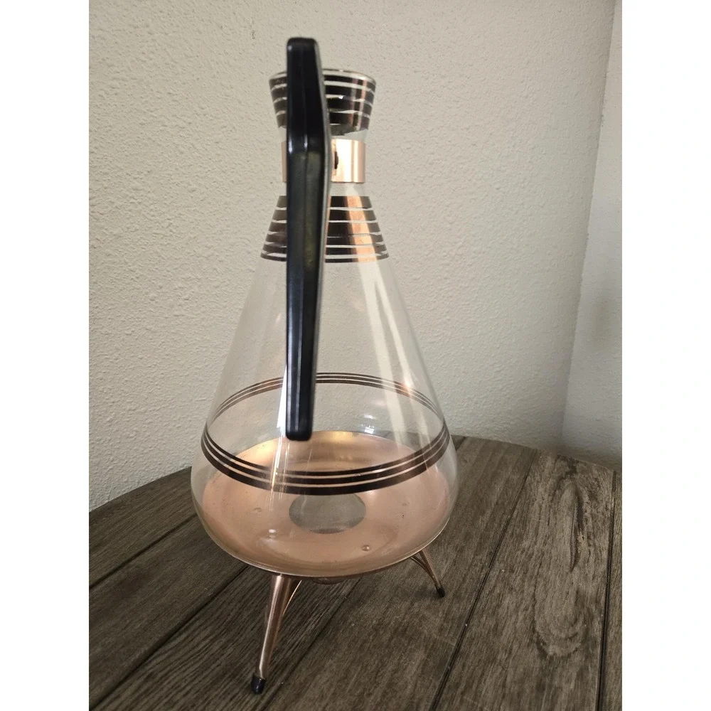 Vintage Inland Glass Copper Rose Gold Accent Coffee Carafe W/Stand MCM Retro